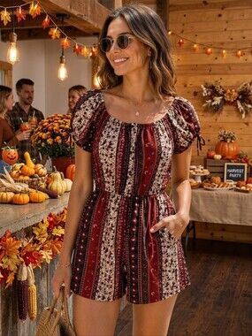 Bohemian Patterned Short Sleeve Romper 💙🤎🧡